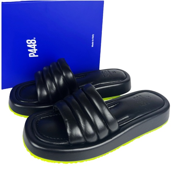 P448 Unisex Mens US 8 / Women's US 8.5-9 Fergie Slide Sandals Black Neon Green